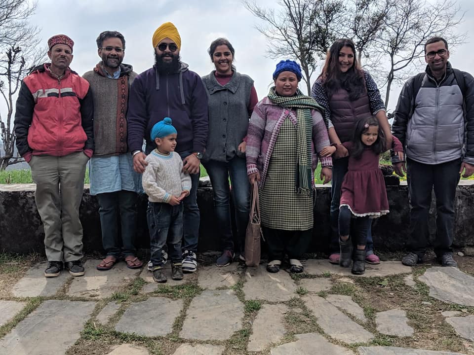 Surinder bhaiya on left, Ayush second from left, Shobha didi fifth from left, joined by Prabhjeet's family from Mool foundation and other homeschooling parents in Dharamsala